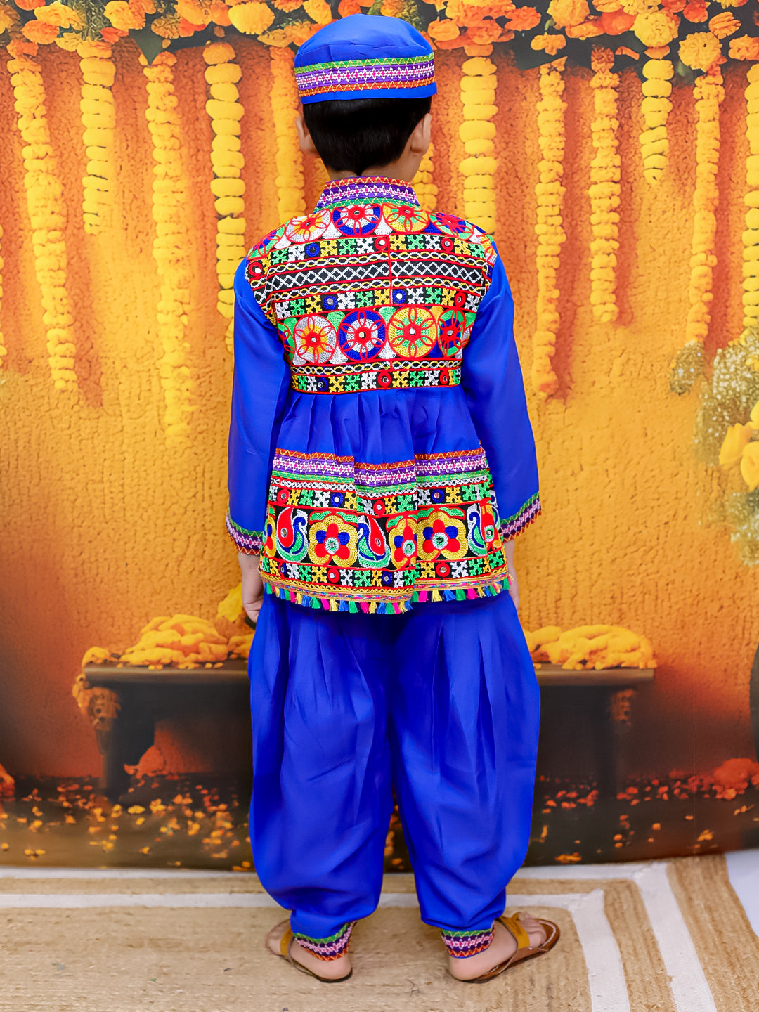 BownBee Embroidered kediya with Dhoti and Cap for Boys- Blue