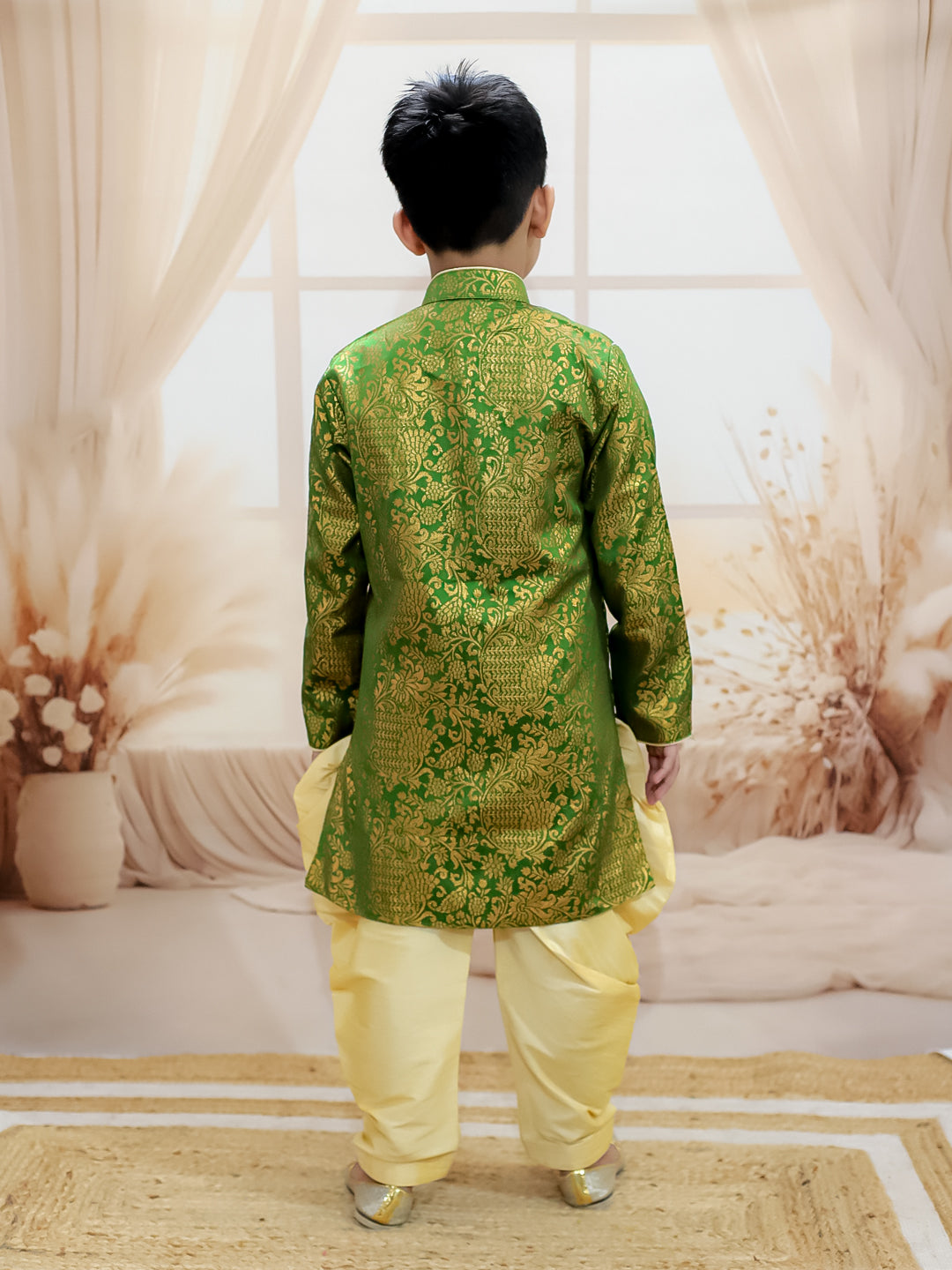 BownBee Jacquard Full Sleeve Sherwani with Salwar for Boys- Green