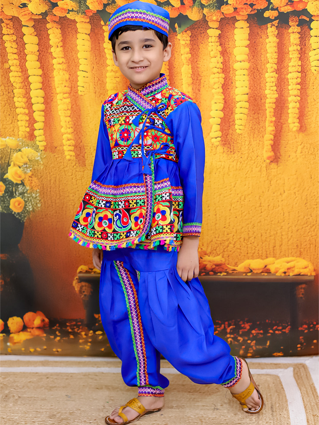 BownBee Embroidered kediya with Dhoti and Cap for Boys- Blue