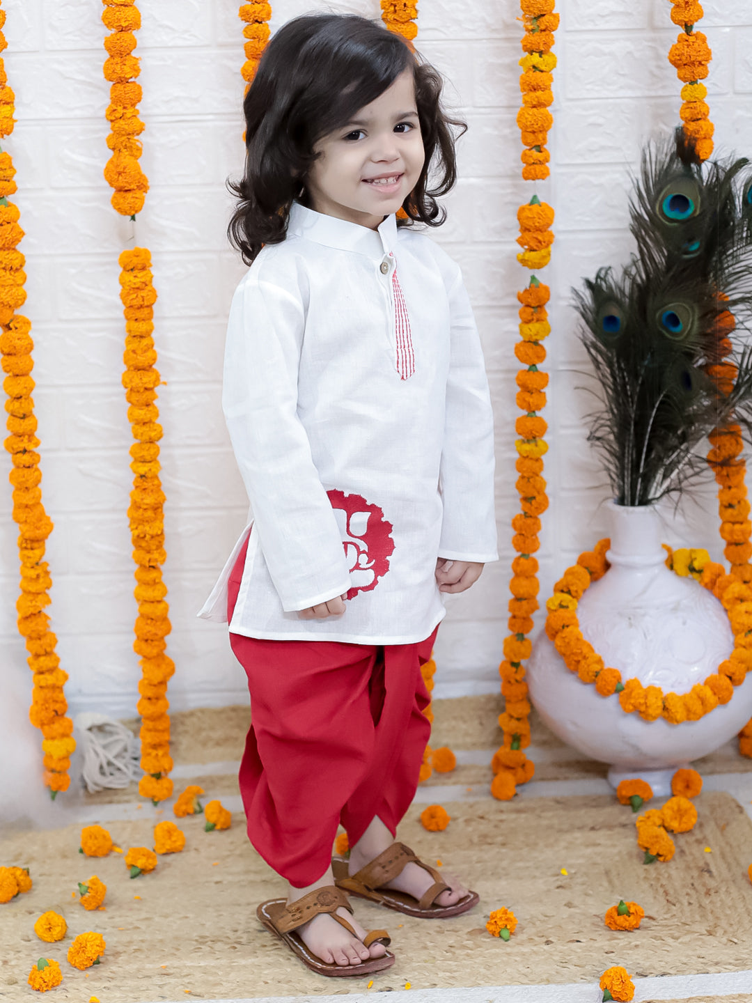 BownBee Ganesh Embroidery Cotton Dhoti Kurta for Boys- White