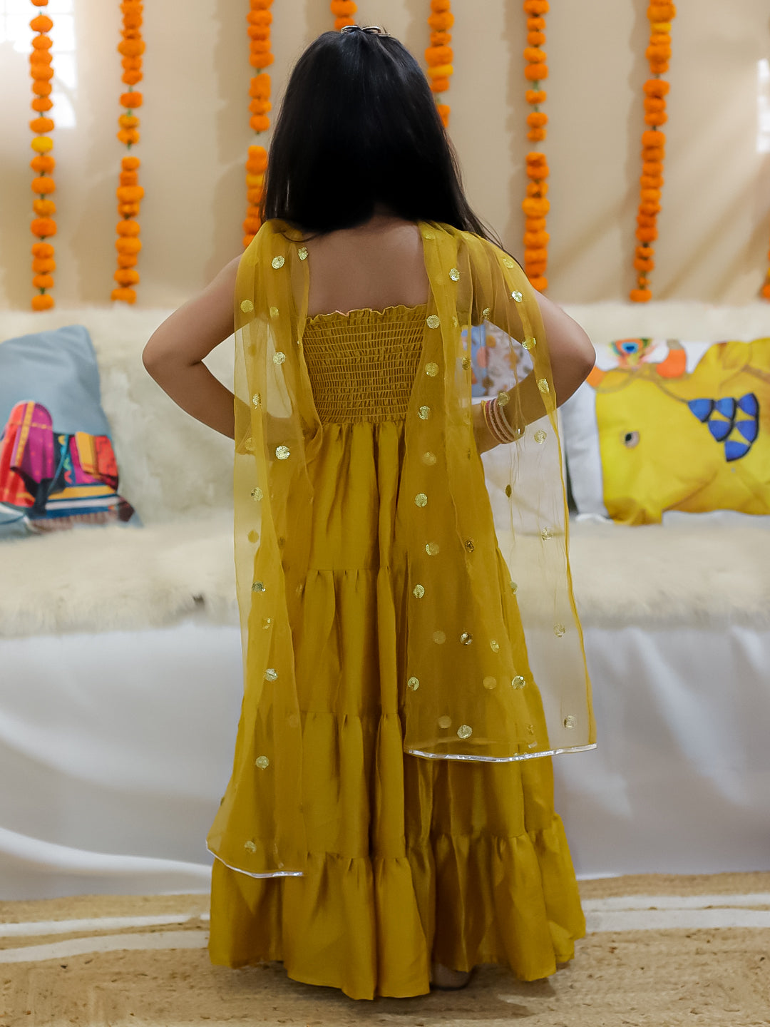 BownBee Tier Gown with Sequined Net Dupatta for Girls - Yellow