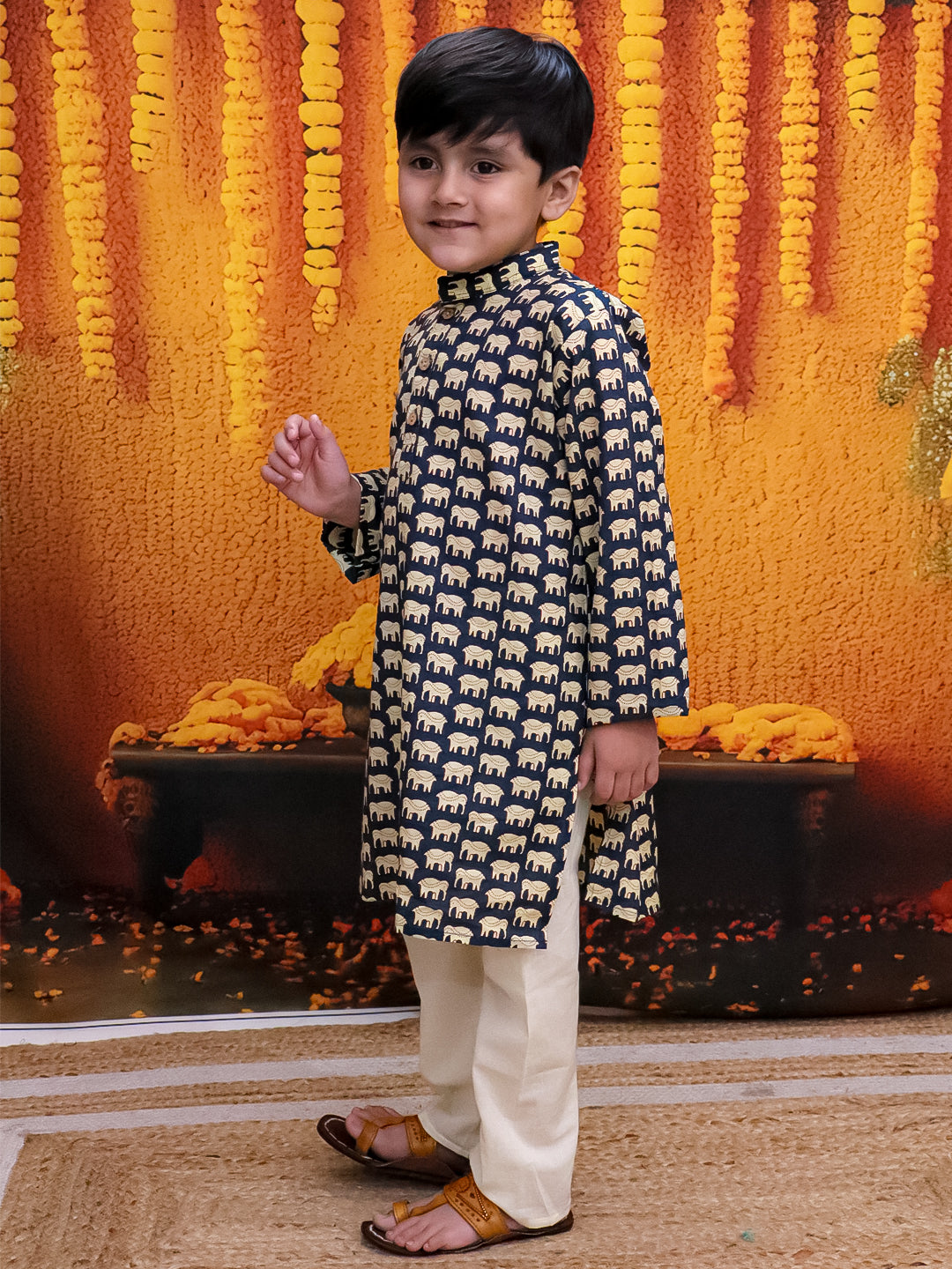 BownBee Pure Cotton Hathi Print Kurta Pajama for Boys- Blue