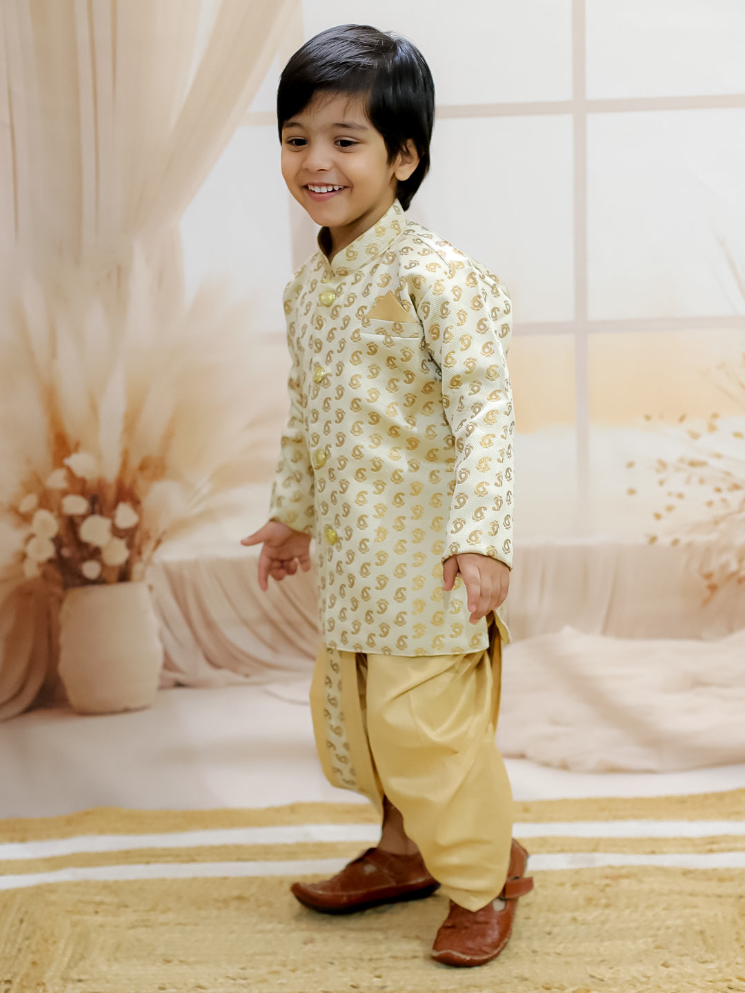 BownBee Jacquard Full Sleeve Sherwani Dhoti for Boys - Off White