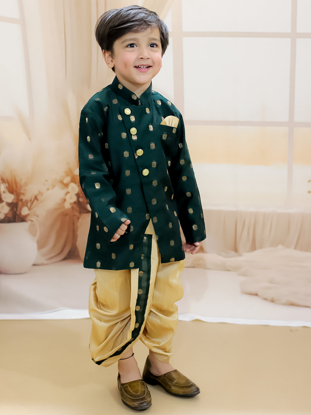 BownBee Sibling Set Chanderi Booti Front Open Sherwani Dhoti with Kurti Pant Dupatta- Green