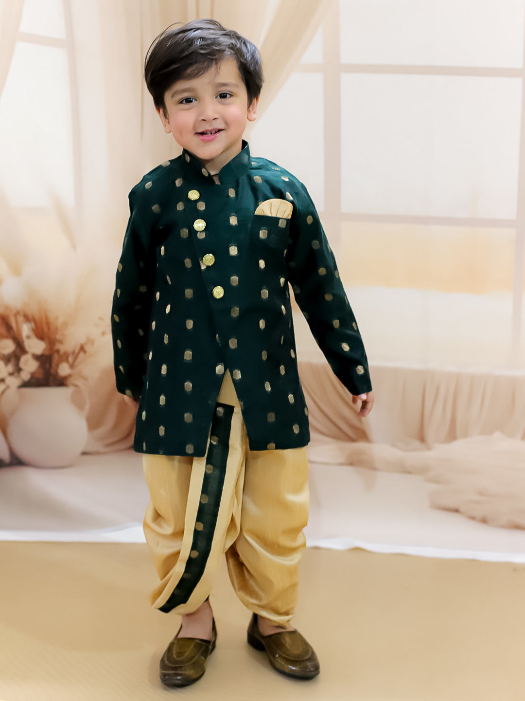 BownBee Sibling Set Chanderi Booti Front Open Sherwani Dhoti with Kurti Pant Dupatta- Green