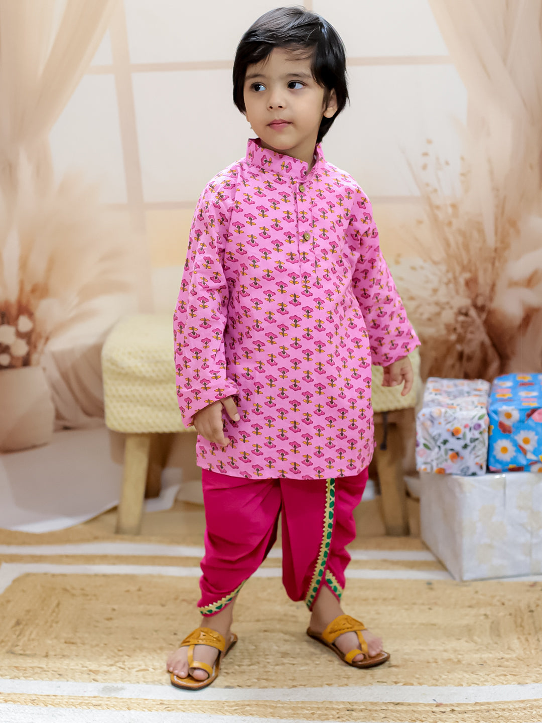 BownBee Pure Cotton Printed jacket with Dhoti Kurta for Boys- Pink