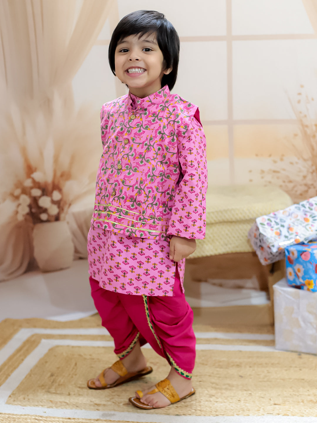 BownBee Pure Cotton Printed jacket with Dhoti Kurta for Boys- Pink