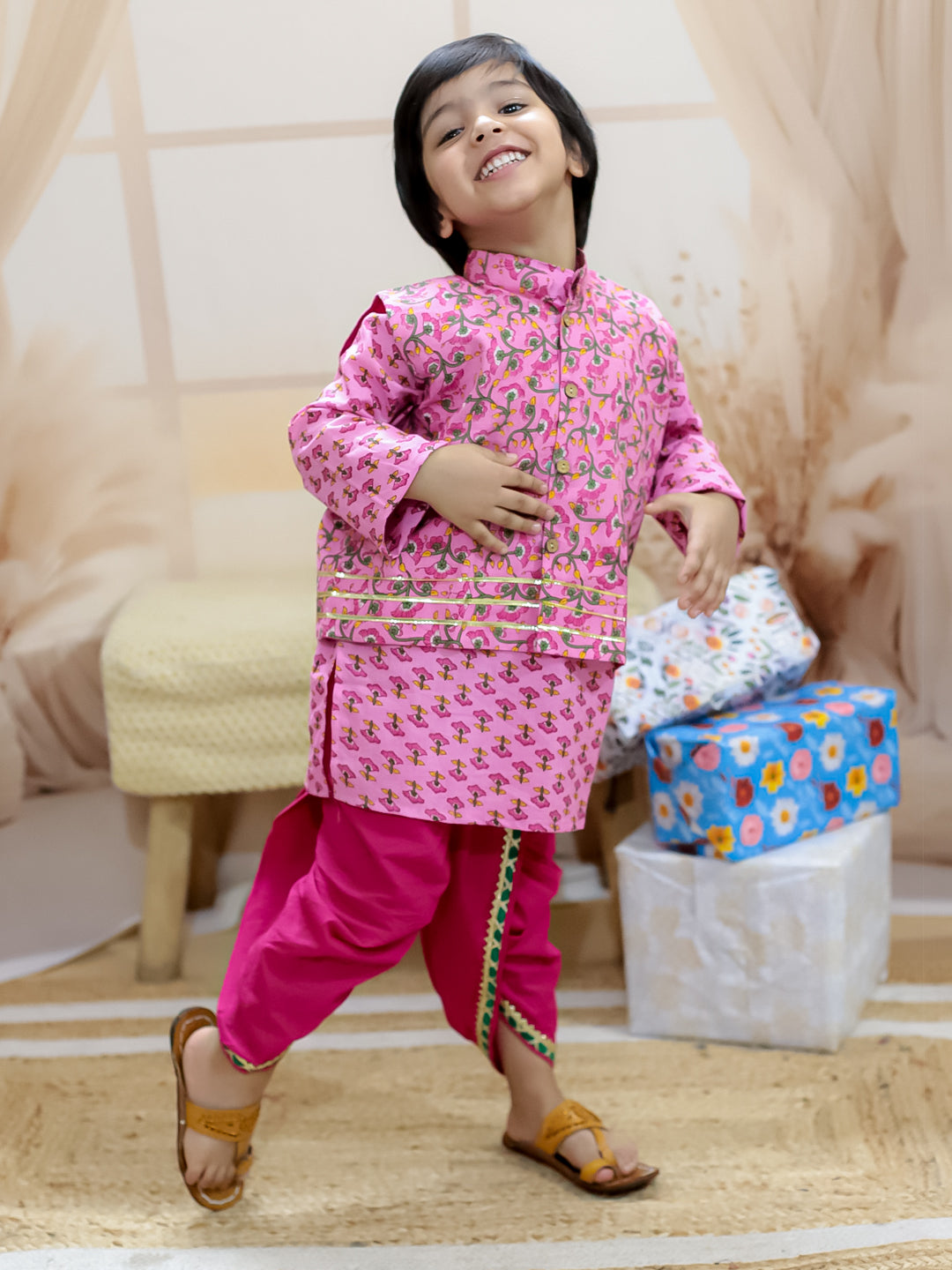 BownBee Pure Cotton Printed jacket with Dhoti Kurta for Boys- Pink