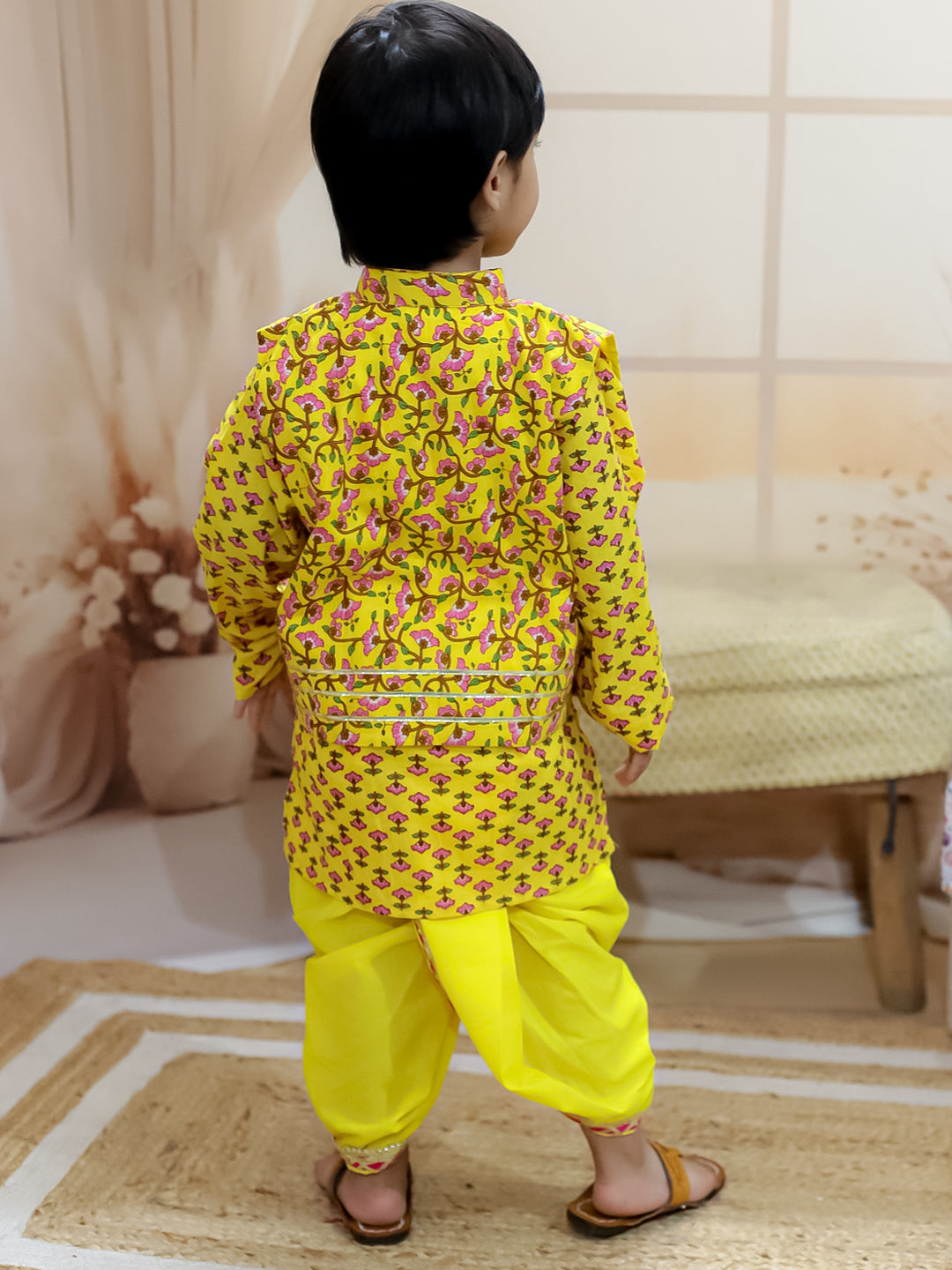 BownBee Pure Cotton Printed jacket with Dhoti Kurta for Boys- Yellow