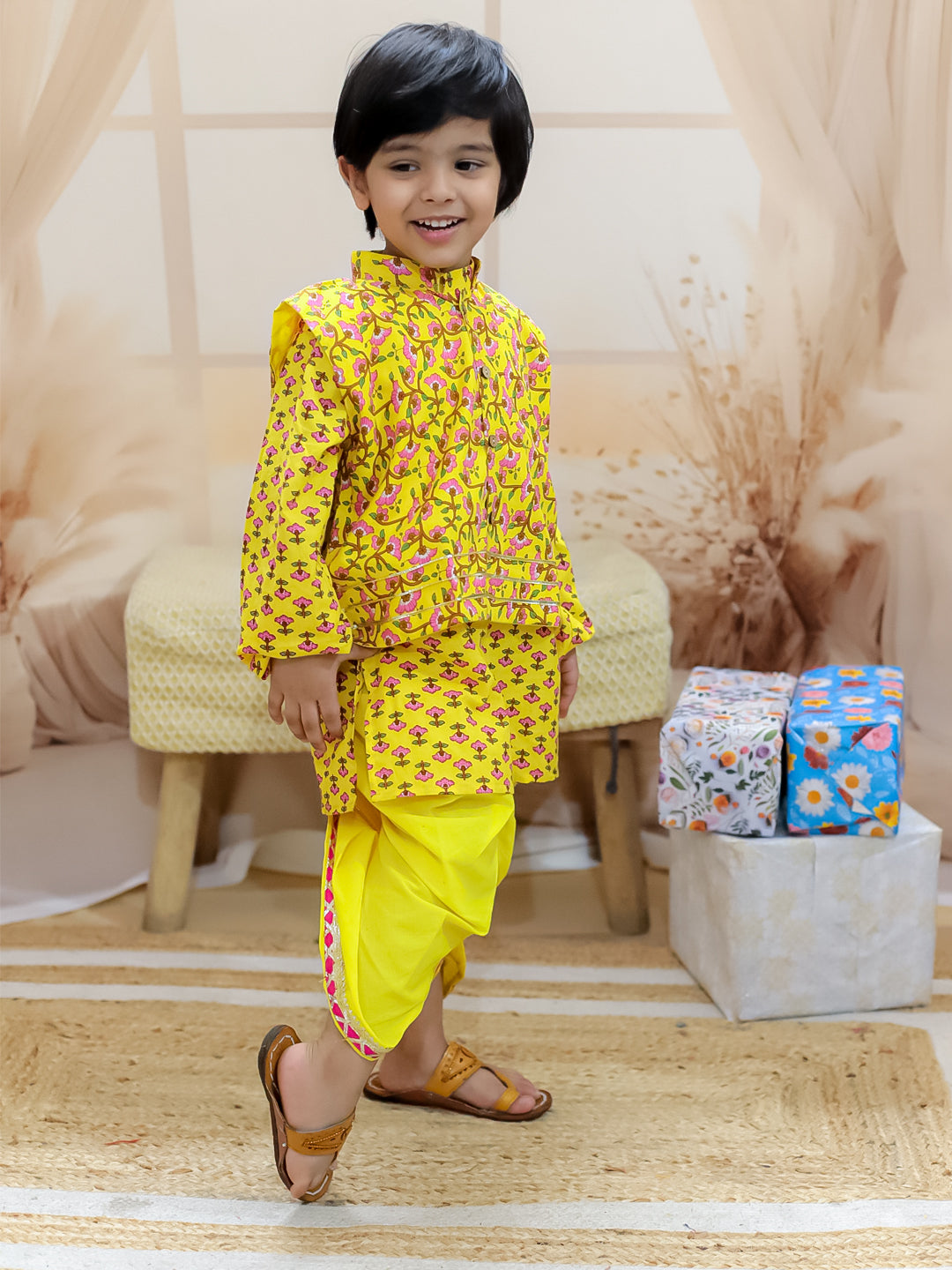 BownBee Pure Cotton Printed jacket with Dhoti Kurta for Boys- Yellow