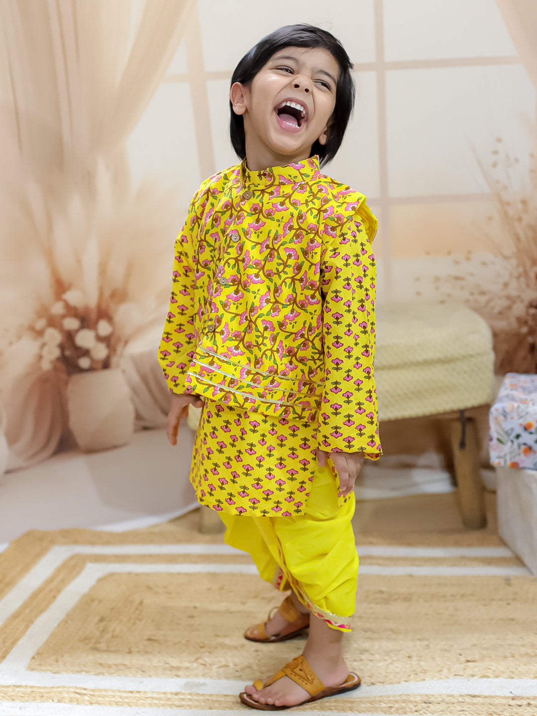 BownBee Pure Cotton Printed jacket with Dhoti Kurta for Boys- Yellow