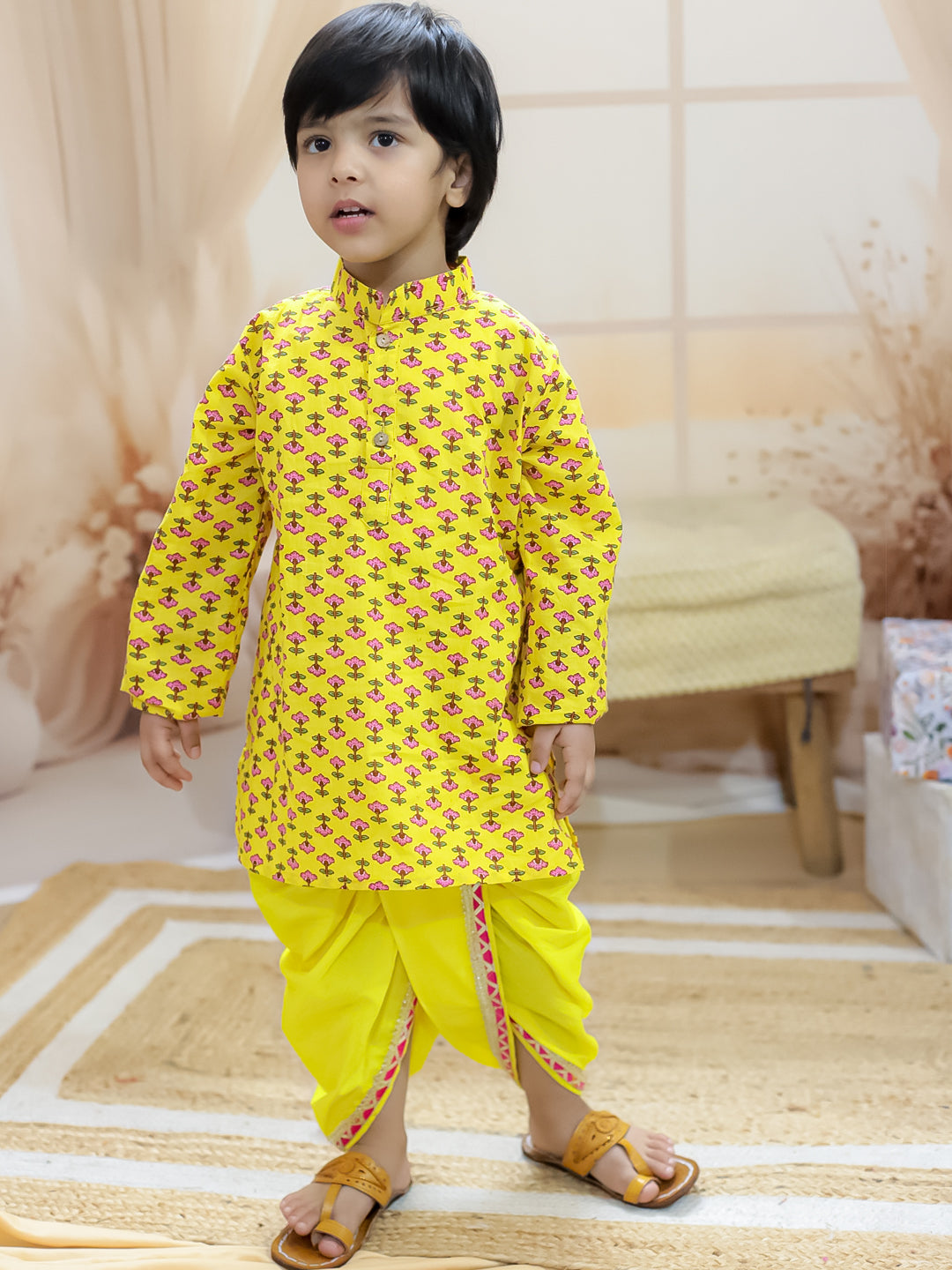 BownBee Pure Cotton Printed jacket with Dhoti Kurta for Boys- Yellow