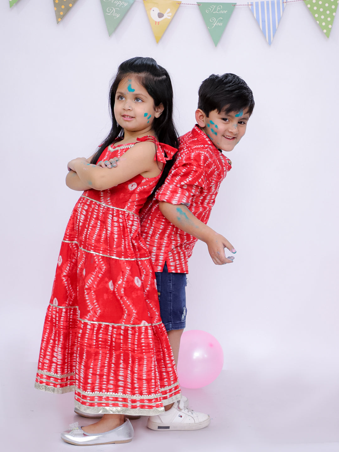 BownBee Pure Cotton Bandhani Short Kurta And Tier Dress Sibling Set - Red