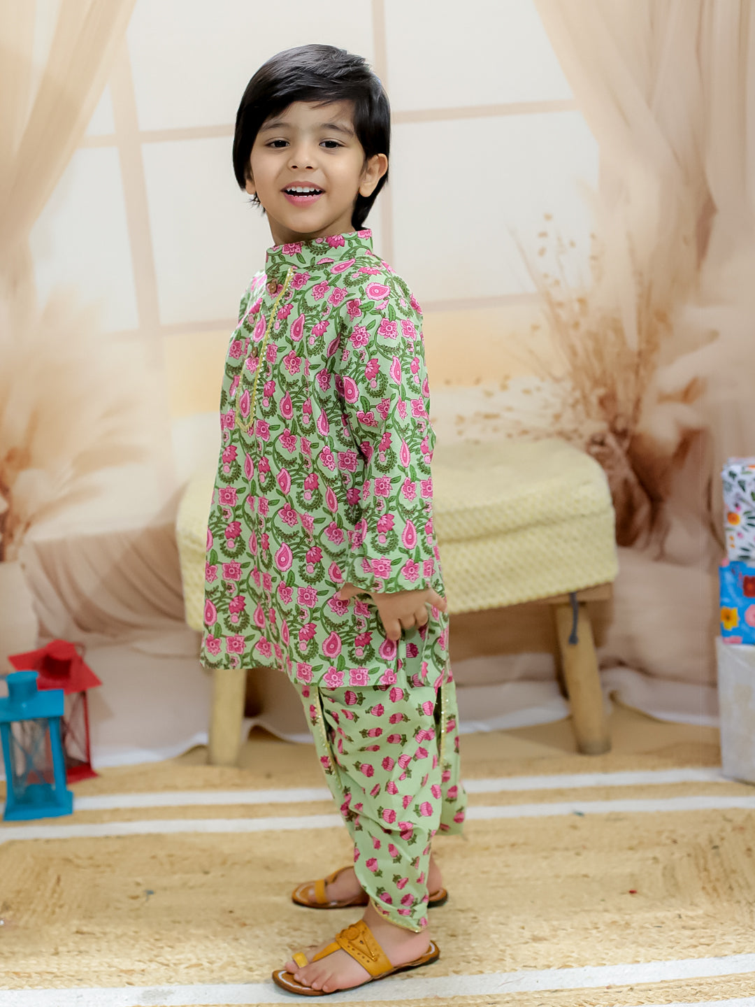 BownBee Pure Cotton Full Sleeve Printed Kurta Dhoti for Boys- Green