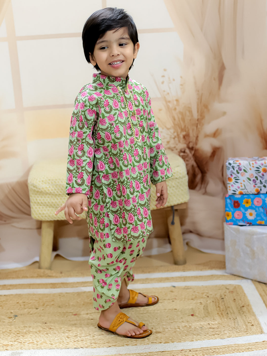 BownBee Pure Cotton Full Sleeve Printed Kurta Dhoti for Boys- Green