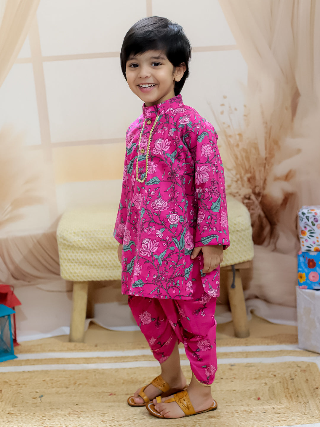 BownBee Pure Cotton Full Sleeve Printed Kurta Dhoti for Boys- Pink