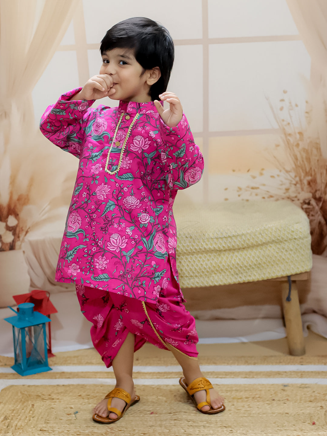 BownBee Pure Cotton Full Sleeve Printed Kurta Dhoti for Boys- Pink