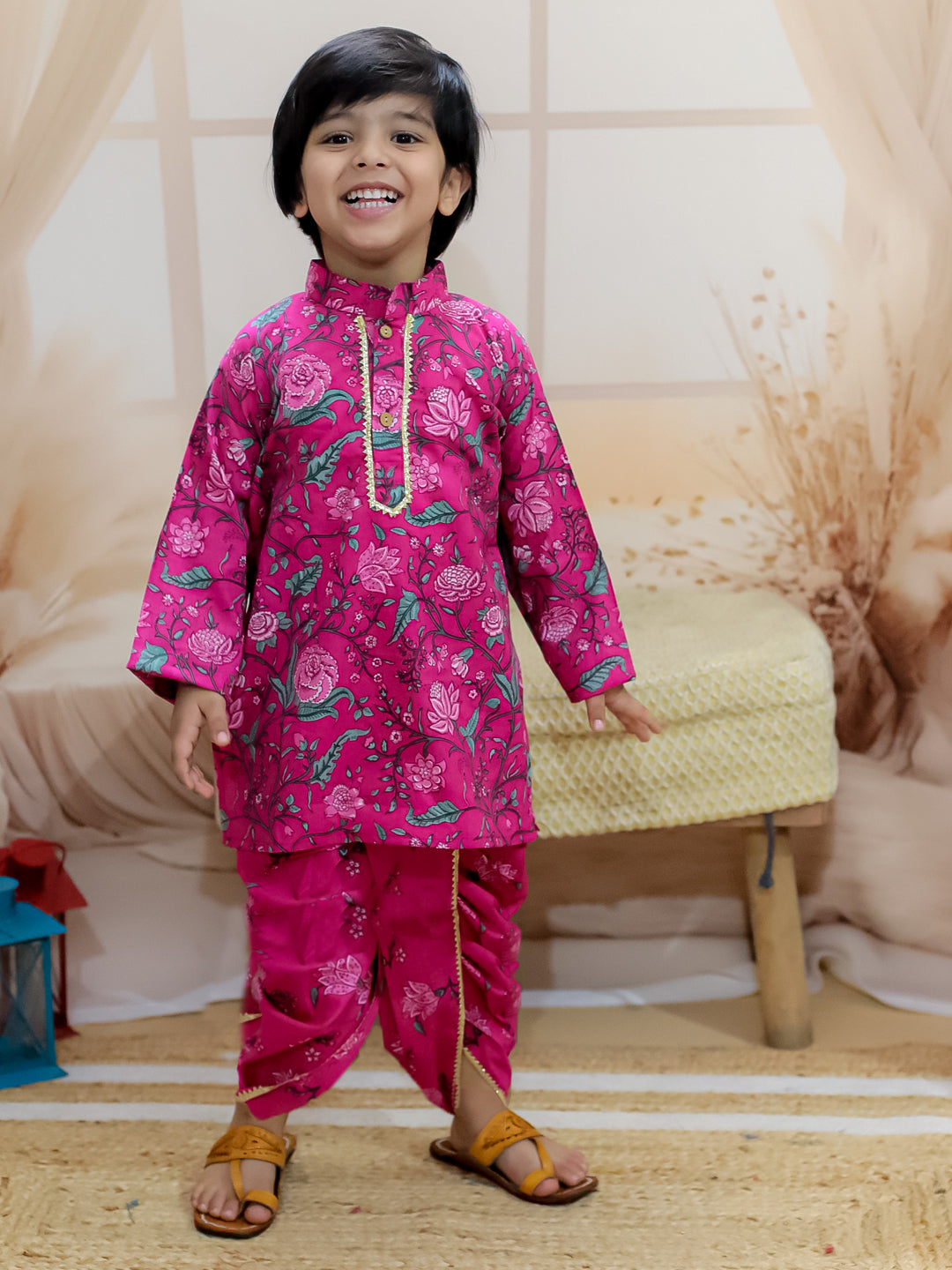 BownBee Pure Cotton Full Sleeve Printed Kurta Dhoti for Boys- Pink