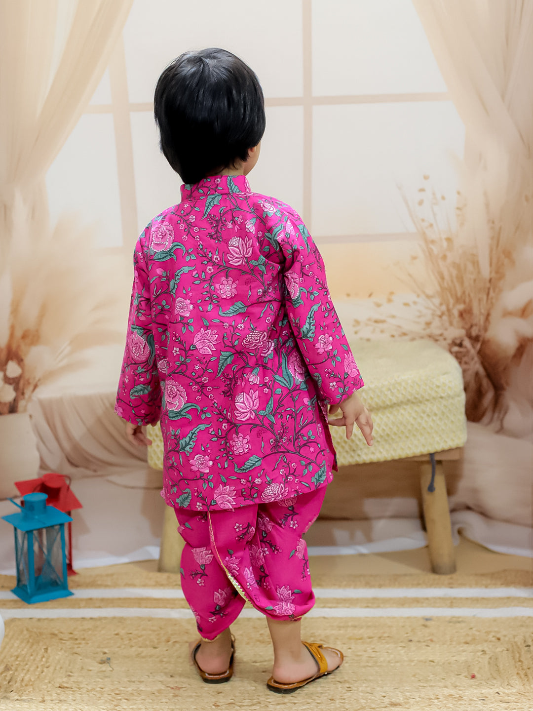 BownBee Pure Cotton Full Sleeve Printed Kurta Dhoti for Boys- Pink