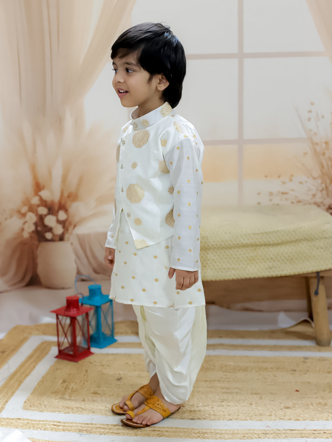 BownBee Pure Chanderi Attached Jacket Kurta with Dhoti for Boys- White