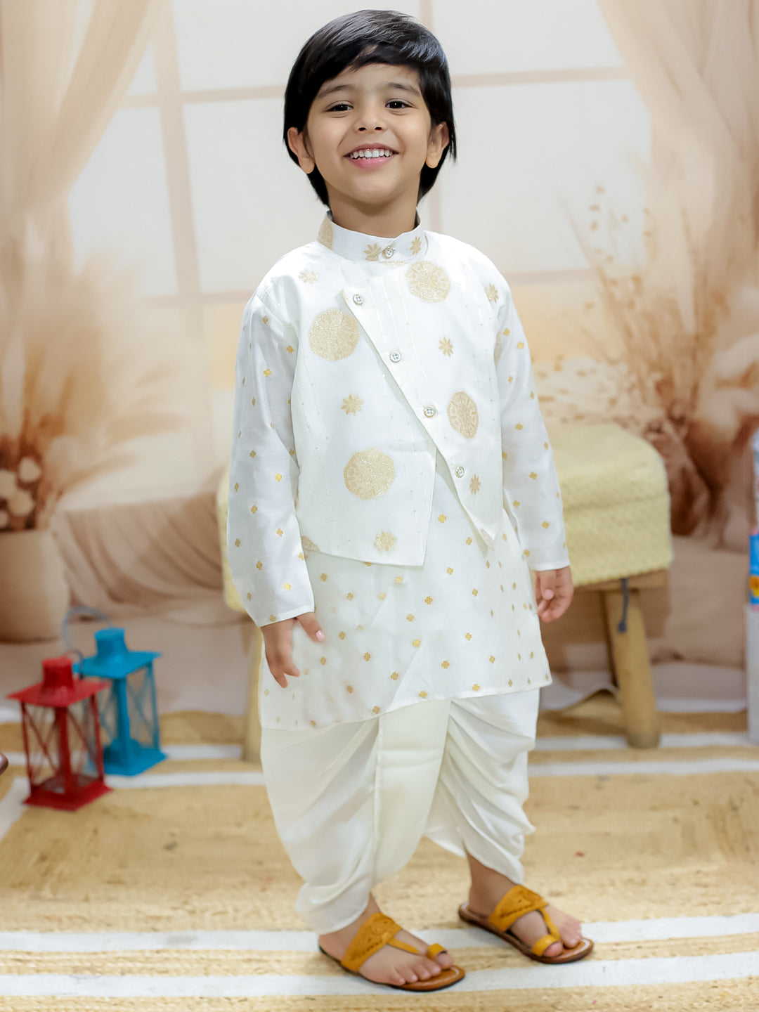 BownBee Pure Chanderi Attached Jacket Kurta with Dhoti for Boys- White