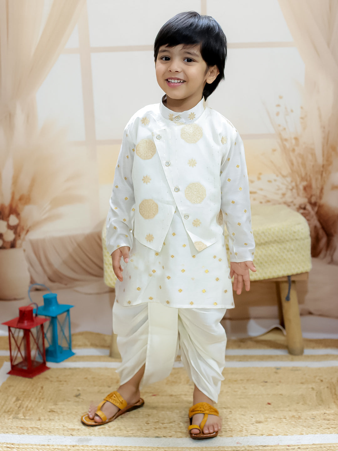 BownBee Pure Chanderi Attached Jacket Kurta with Dhoti for Boys- White