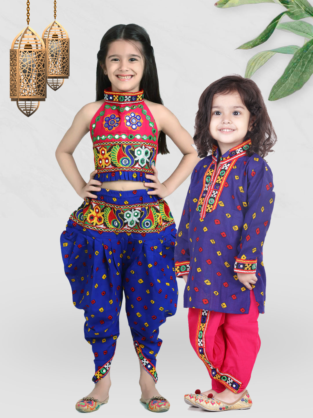 BownBee Blue Bandhani Cotton Dhoti Kurta Set and Choli with Dhoti for Kids - Sibling Set