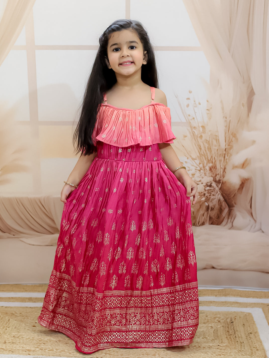 BownBee Foil Print Off Shoulder Gown Dress for Girls- Pink