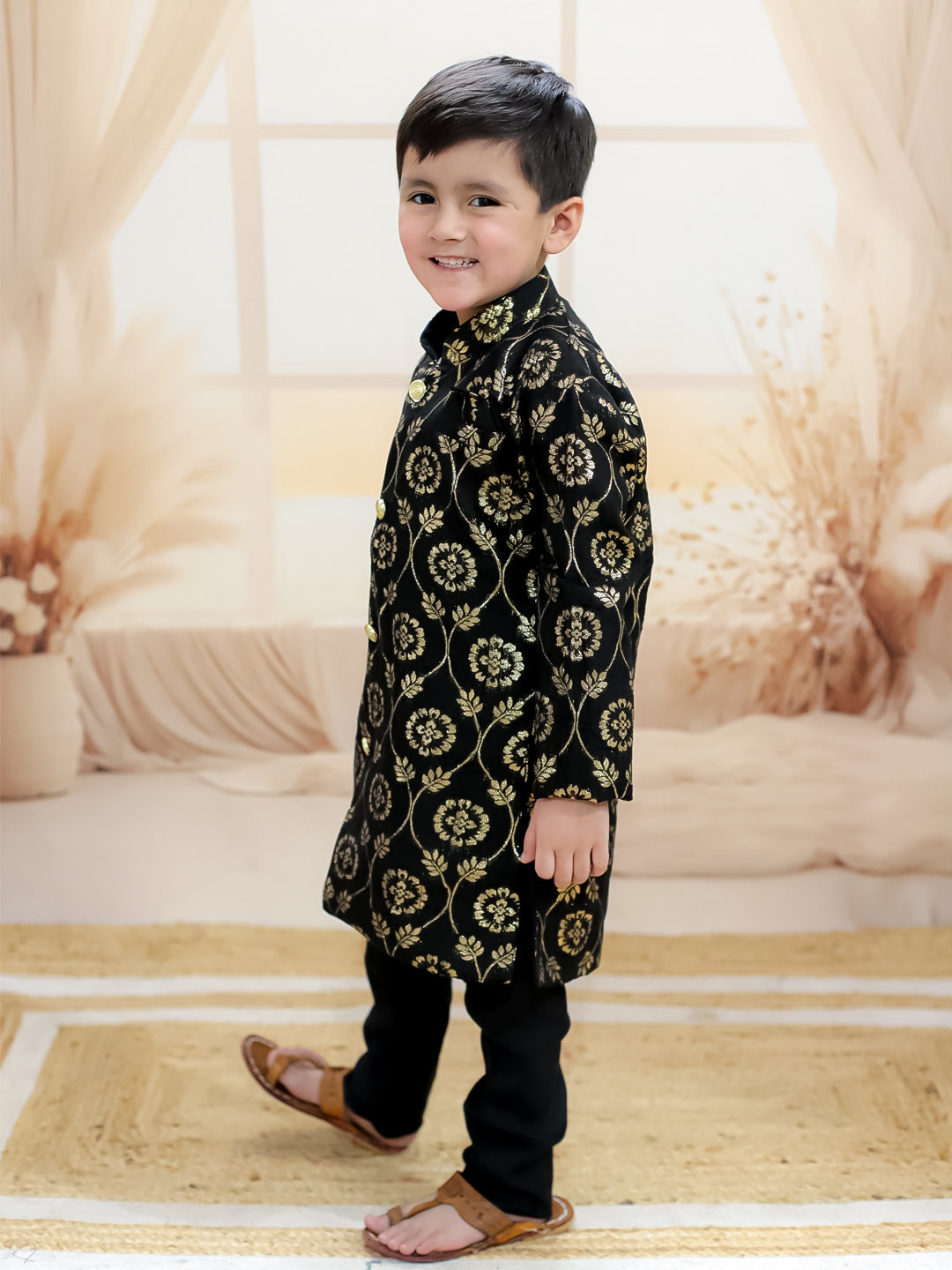 BownBee Pure Chanderi Full Sleeve Sherwani with Pajama for Boys- Black