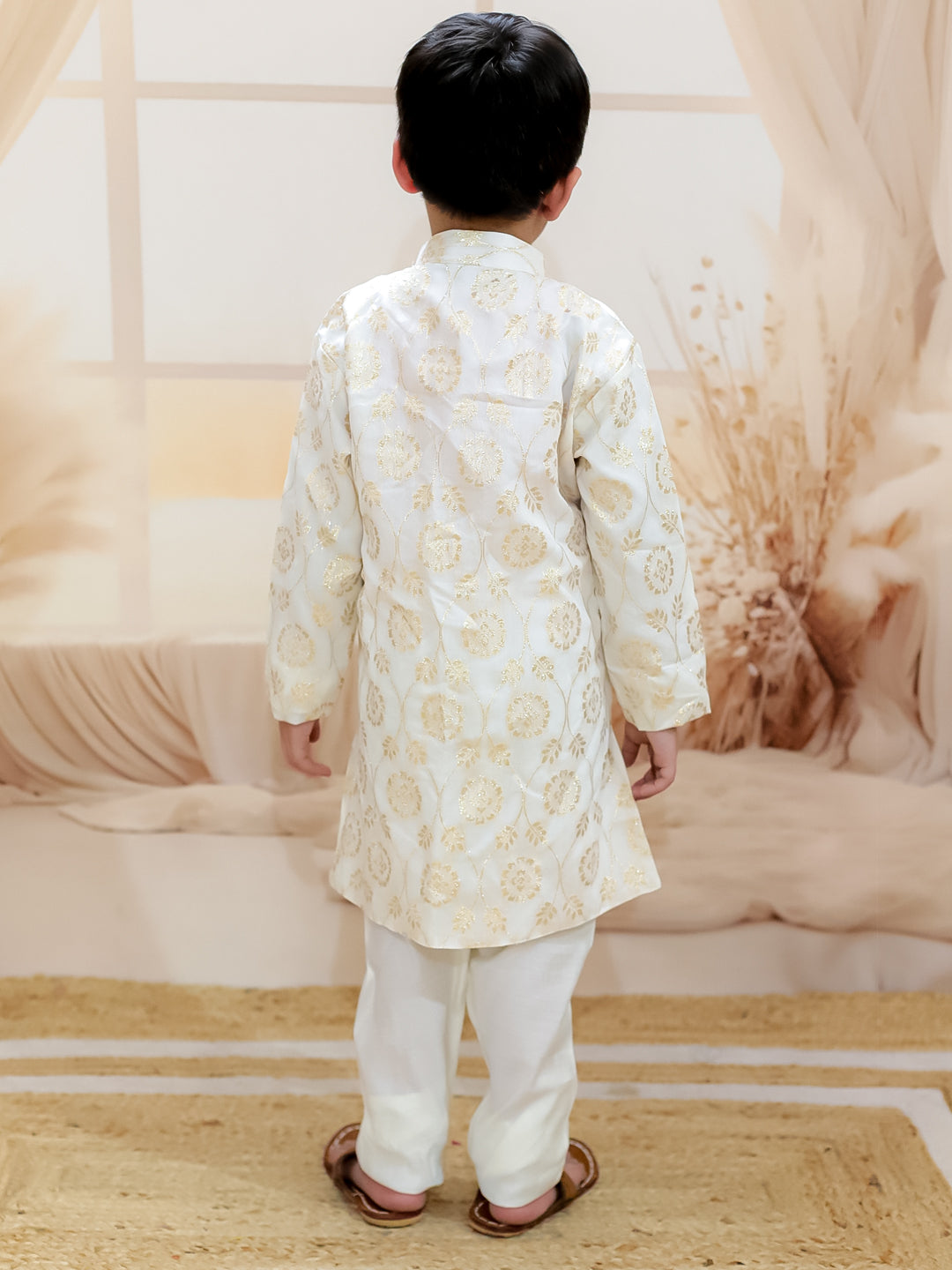 BownBee Pure Chanderi Full Sleeve Sherwani with Pajama for Boys- White