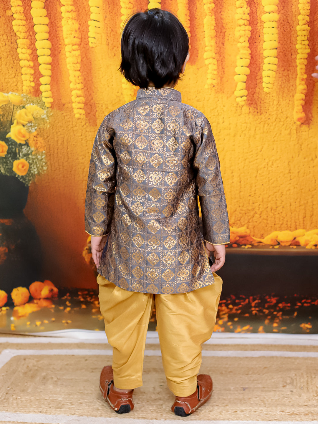 BownBee Jacquard Full Sleeve Sherwani with Salwar for Boys - Gray