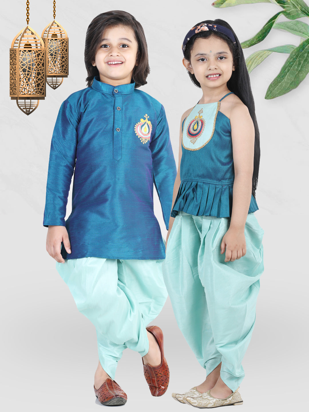 BownBee Sibling Hand Embroidered Dhoti Kurta and Silk Indo Western Dhoti  Blue