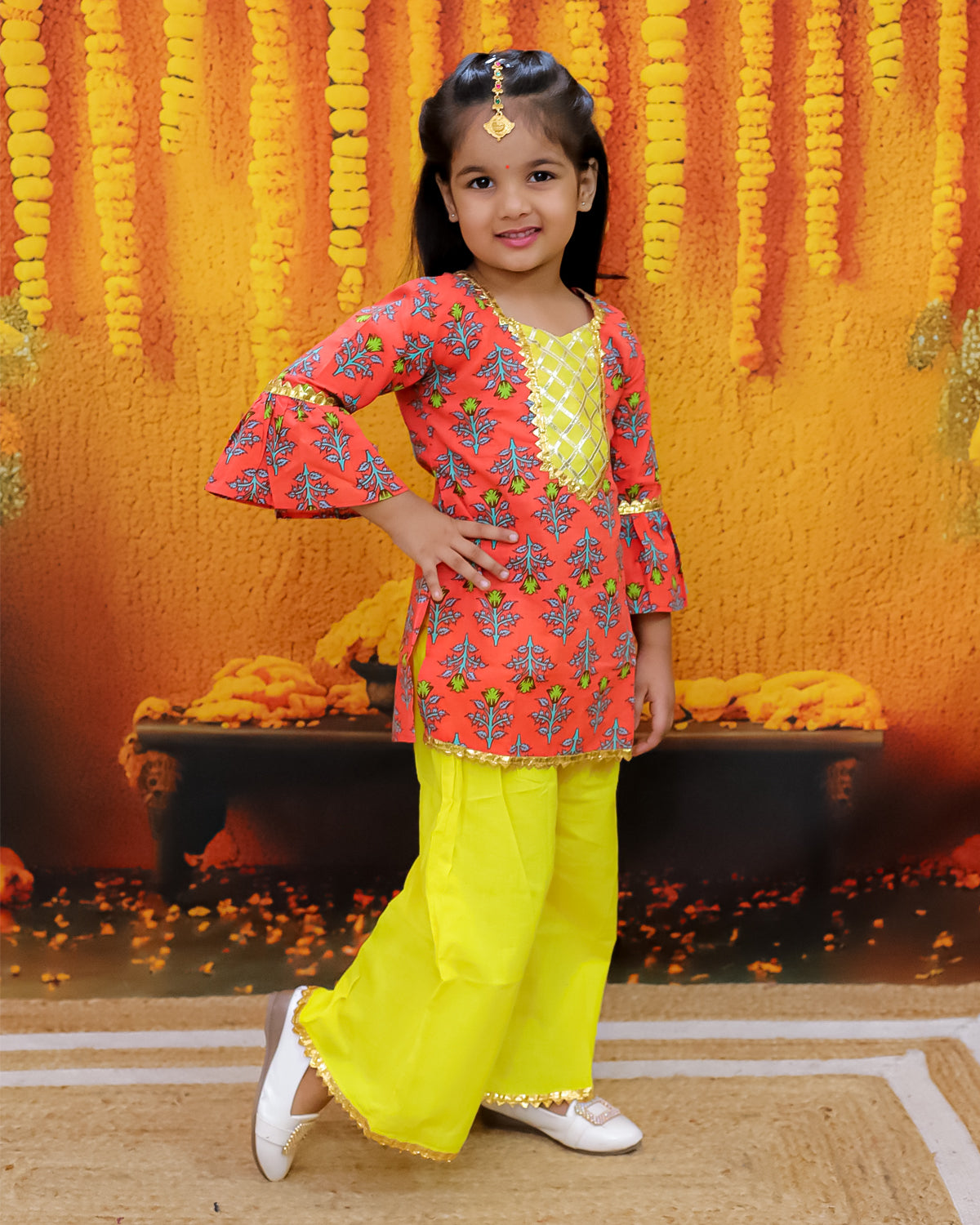 BownBee Hand Block Print Kurti Palazzo For Girls- Coral