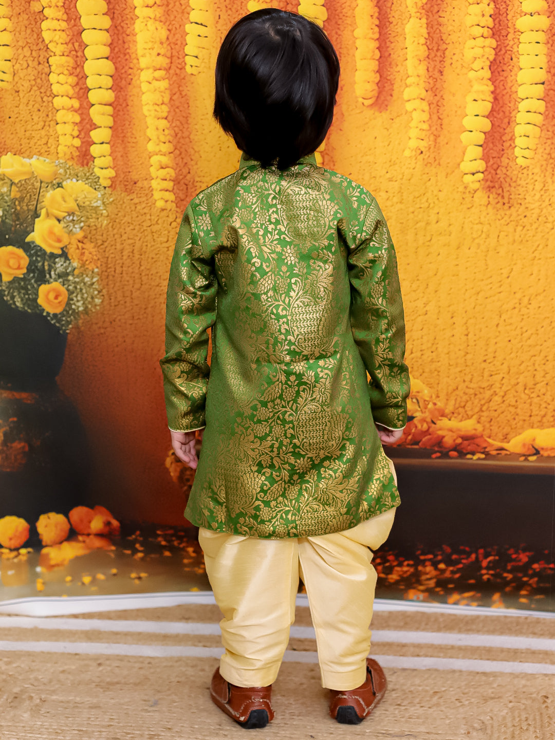 BownBee Jacquard Full Sleeve Sherwani with Salwar for Boys - Green