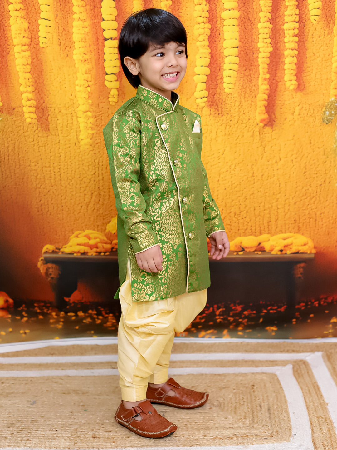 BownBee Jacquard Full Sleeve Sherwani with Salwar for Boys - Green