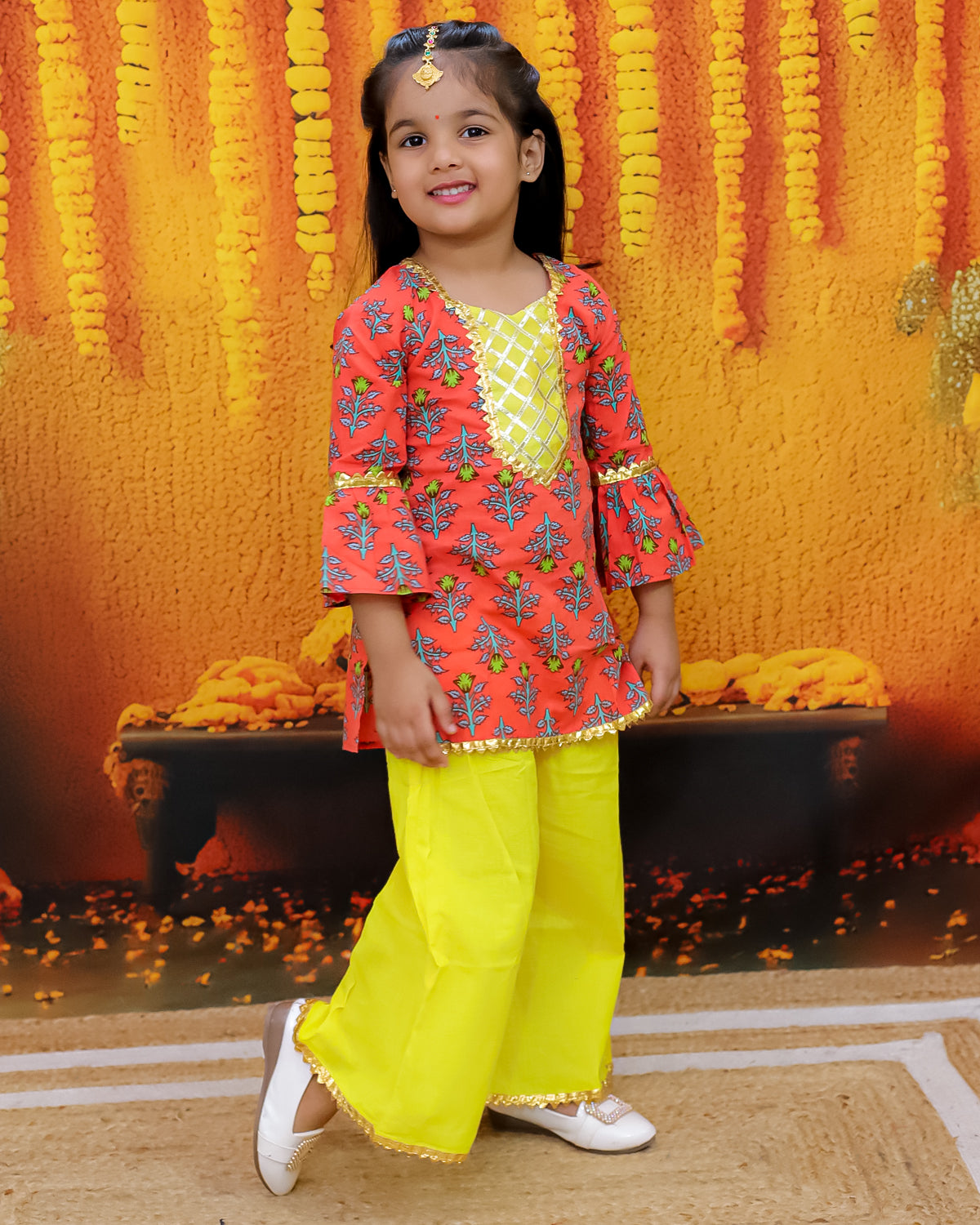 BownBee Hand Block Print Kurti Palazzo For Girls- Coral