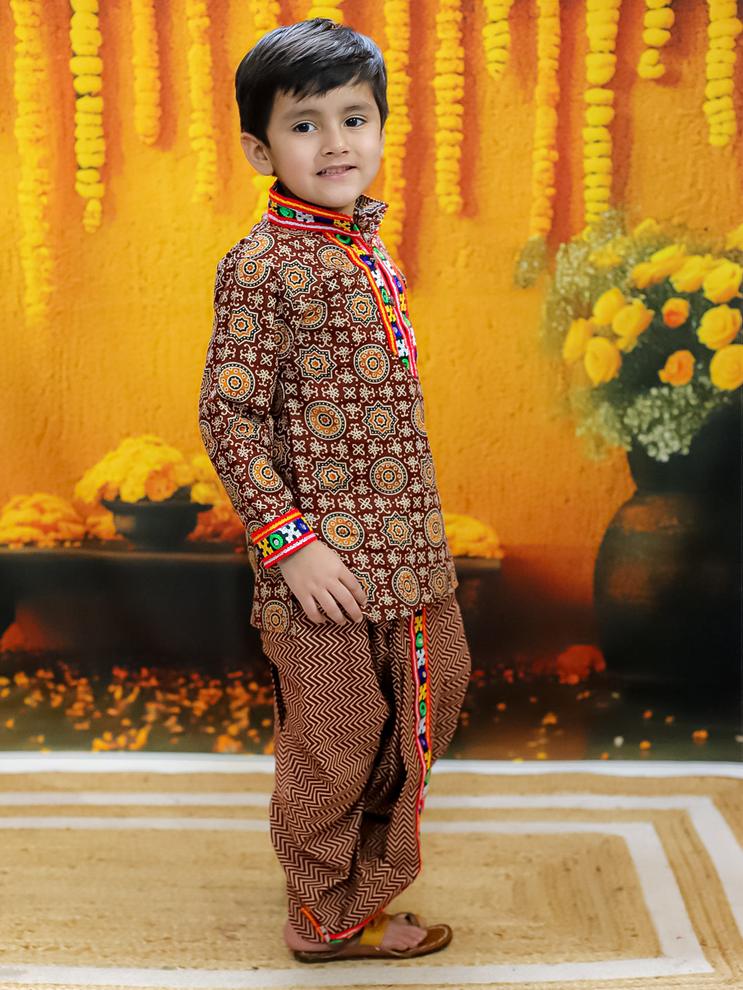 BownBee  Embroidered Printed Cotton Kurta Dhoti Set for Boys- Maroon