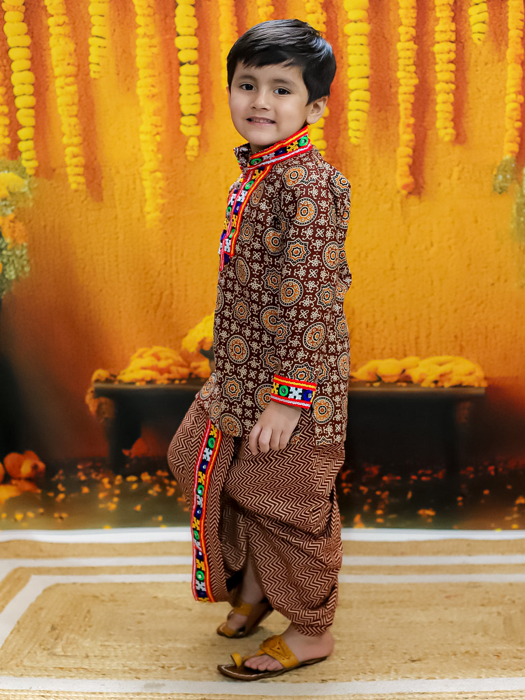 BownBee  Embroidered Printed Cotton Kurta Dhoti Set for Boys- Maroon