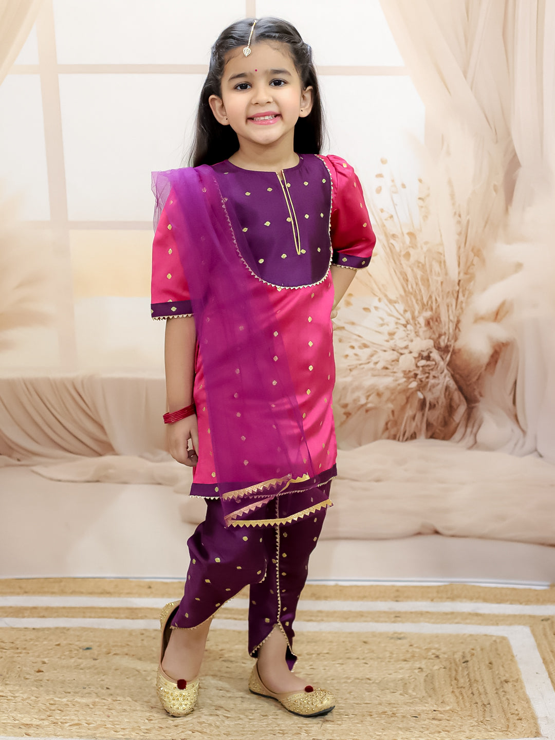 BownBee Dhunki Zari Kurta With Tulip Salwar With Net Dupatta Set For Girls - Pink