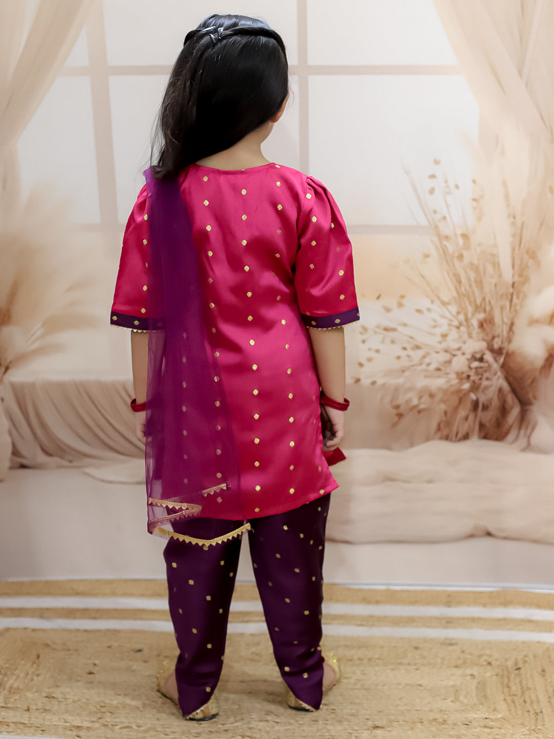 BownBee Malang zari kurta Pyjama & Dhunki Zari Kurta With Tulip Salwaar With Net Dupatta Sibling Set - Purple