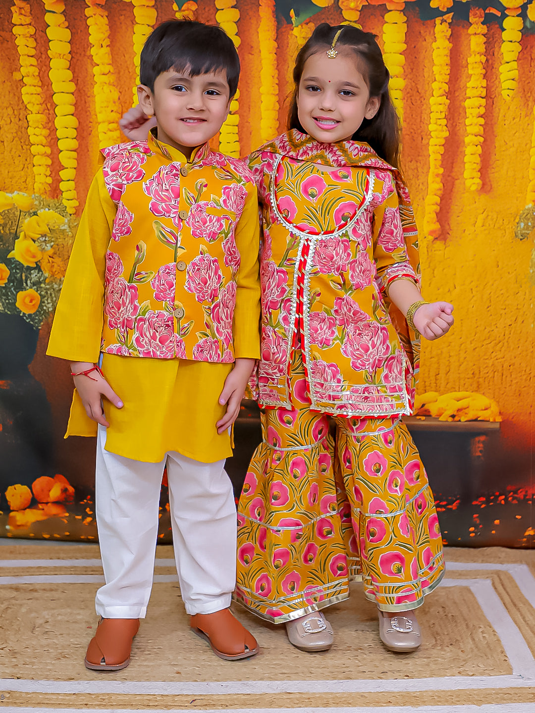 BownBee Pure Cotton Kurta Pajama Printed Jacket Set for Boys with Printed Kurta Sharara Dupatta Set for Girls- Yellow