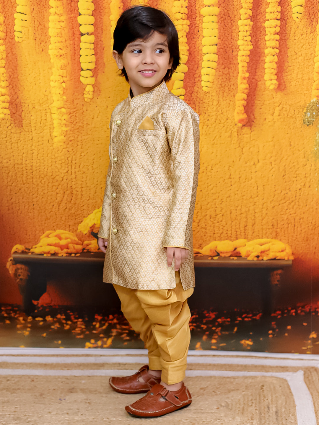 BownBee Jacquard Full Sleeve Sherwani with Salwar for Boys - Off White