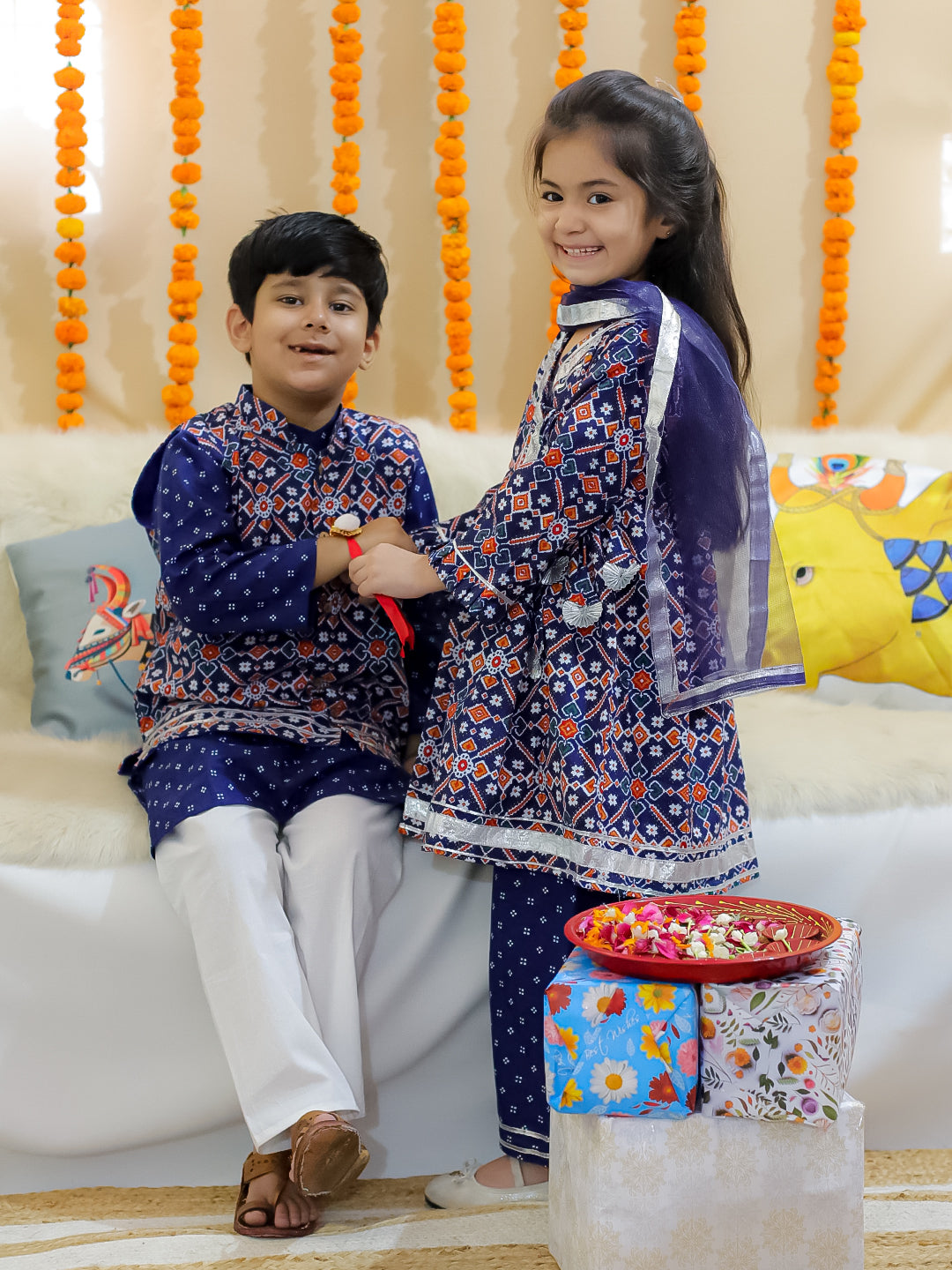 BownBee Sibling Set Pure Cotton Jacket Kurta Pajama with Angrakha Kurti Pant Dupatta Set- Indigo