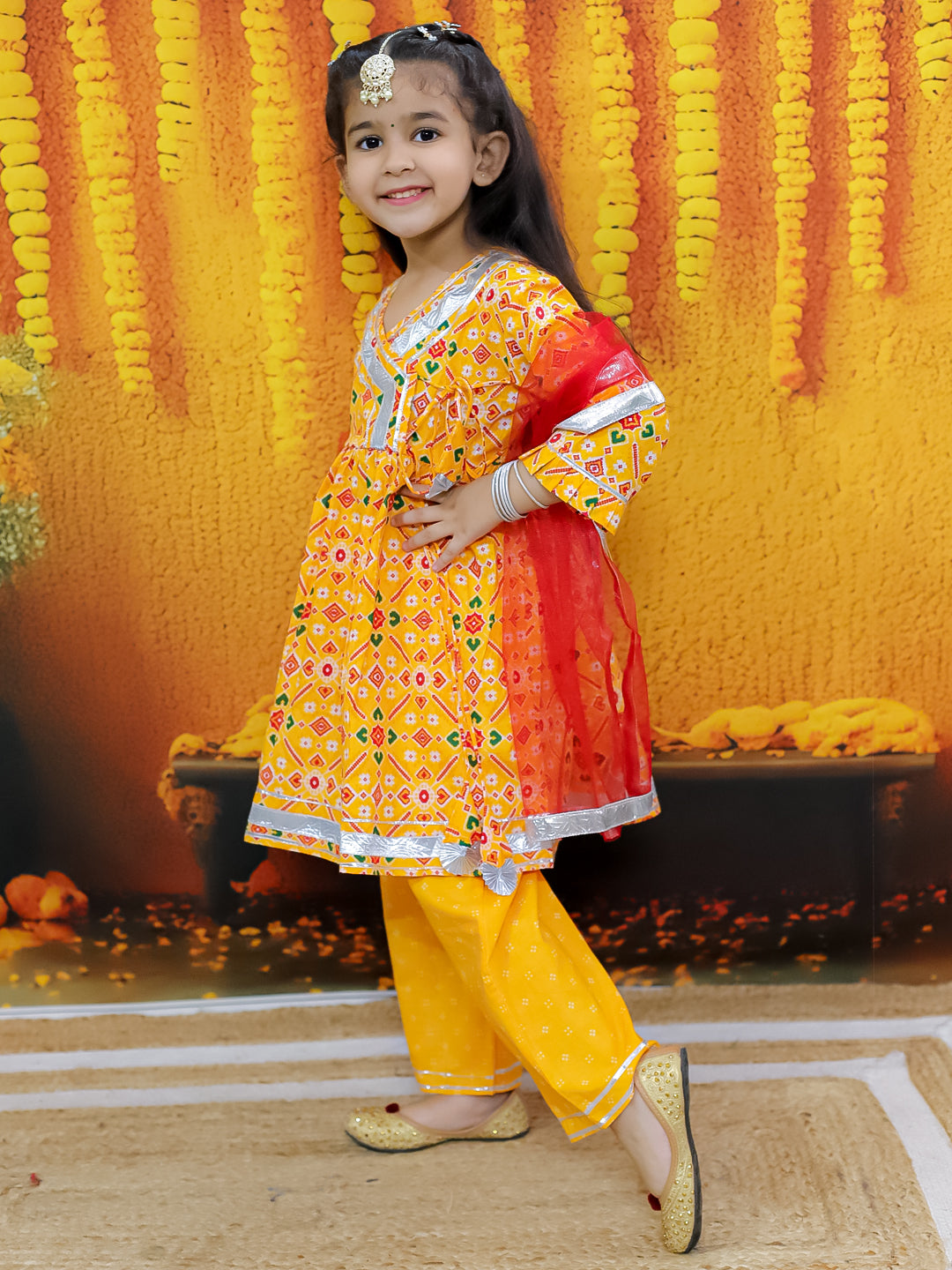 BownBee Girls Pure Cotton Angrakha Kurti Pant with Dupatta - Yellow