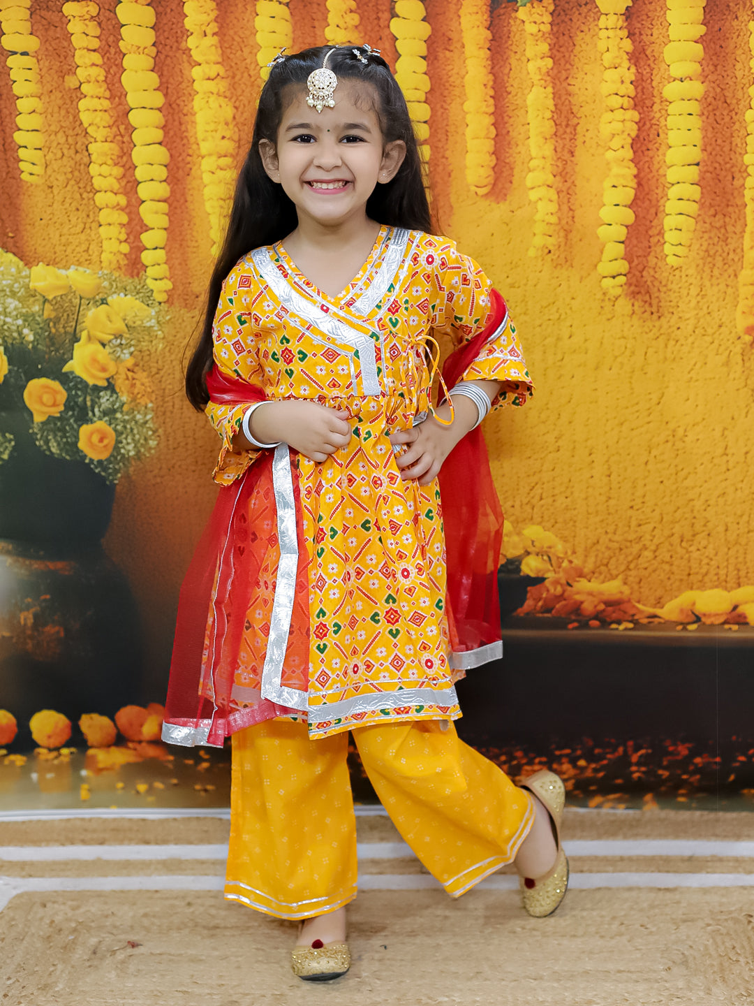 BownBee Girls Pure Cotton Angrakha Kurti Pant with Dupatta - Yellow