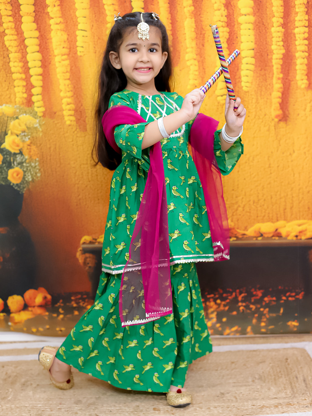 BownBee Bird Print Pure Cotton Kurta with Sharara and Dupatta for Girls- Green