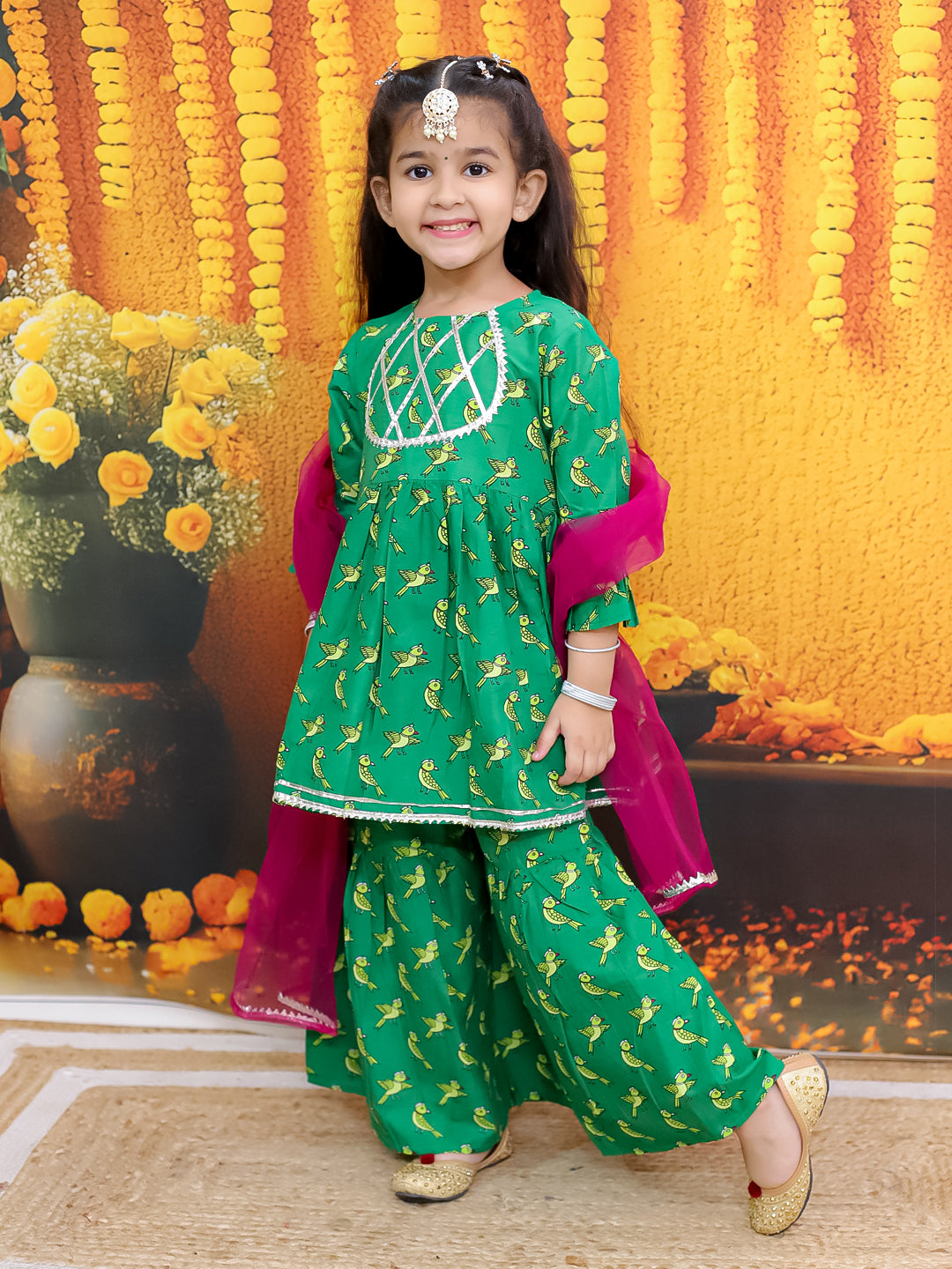 BownBee Bird Print Pure Cotton Kurta with Sharara and Dupatta for Girls- Green