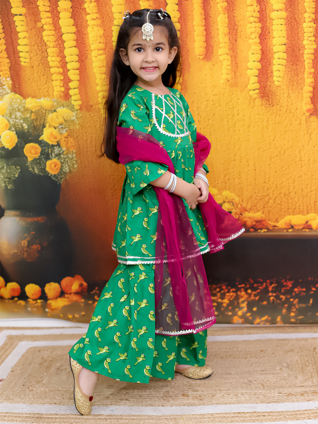 BownBee Bird Print Pure Cotton Kurta with Sharara and Dupatta for Girls- Green