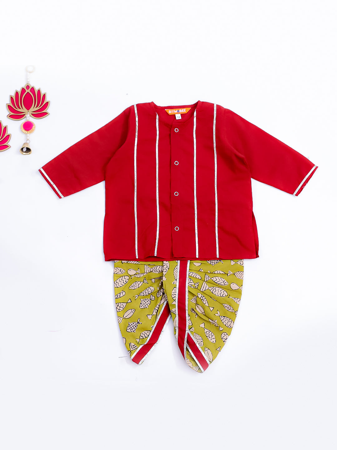 BownBee Fish Fun Dhoti Kurta & Fin-Tastic Kurta With Harrem Sibling Set - Red