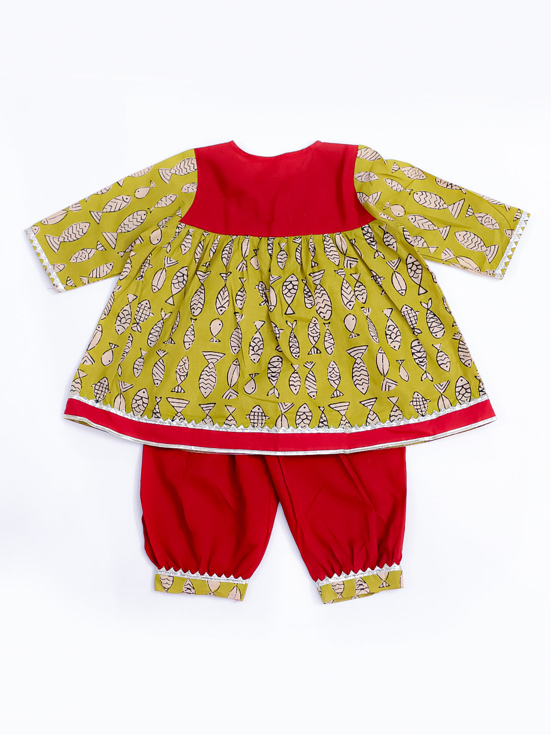 BownBee Fish Fun Dhoti Kurta & Fin-Tastic Kurta With Harrem Sibling Set - Red